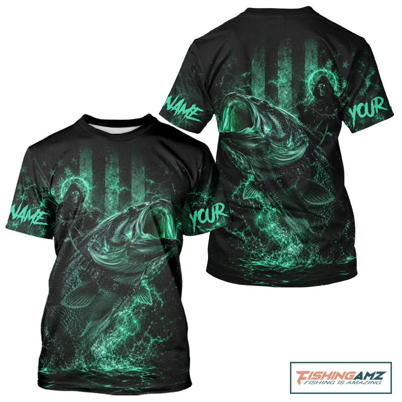 Grim Reaper Bass Fishing Jersey, Largemouth Bass Short Sleeve Performance Fishing Shirt|Turquoise NHT1213