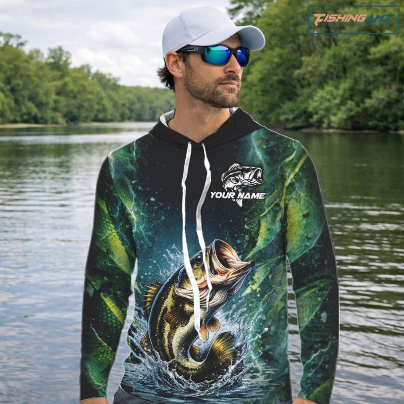 Largemouth Bass Fishing Black Green Camo Custom Name Fishing Shirts Jerseys  NHT456