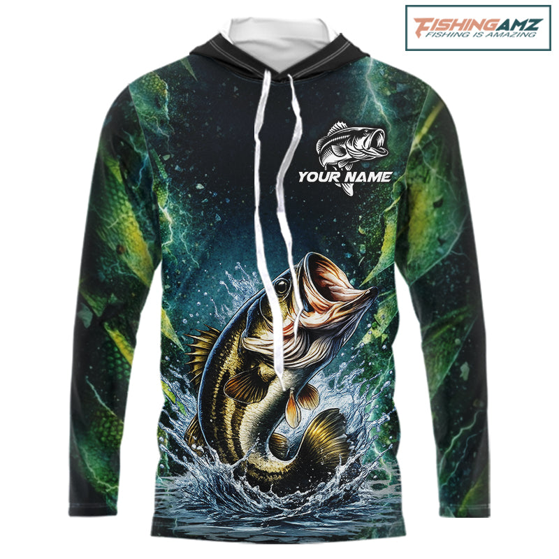Largemouth Bass Fishing Black Green Camo Custom Name Fishing Shirts Jerseys  NHT456