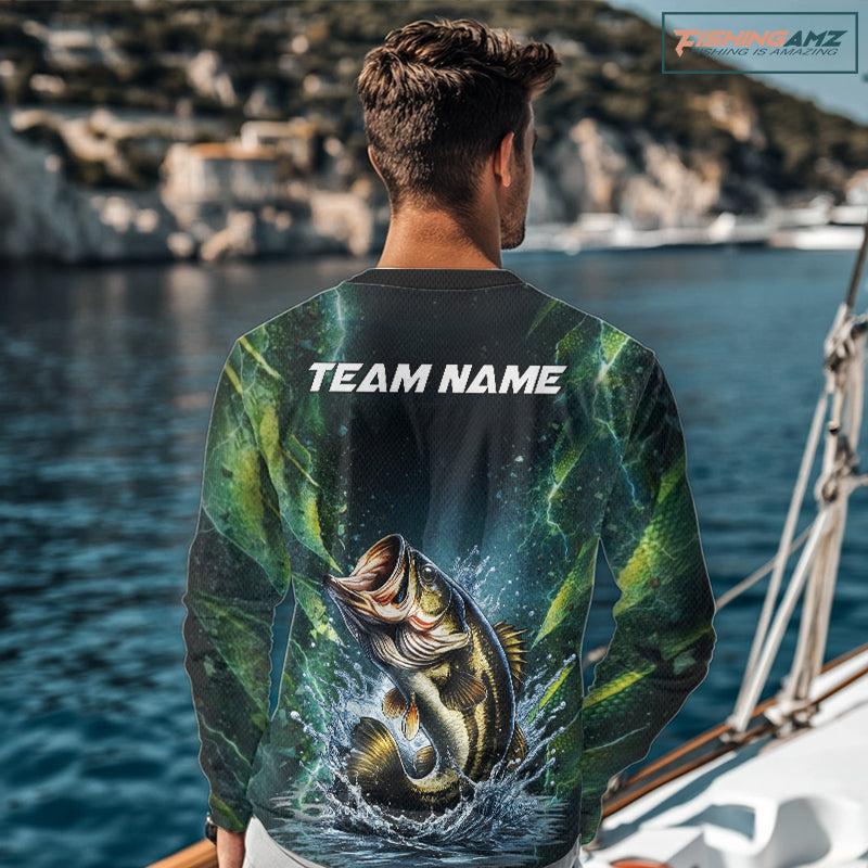Largemouth Bass Fishing Black Green Camo Custom Name Fishing Shirts Jerseys NHT456