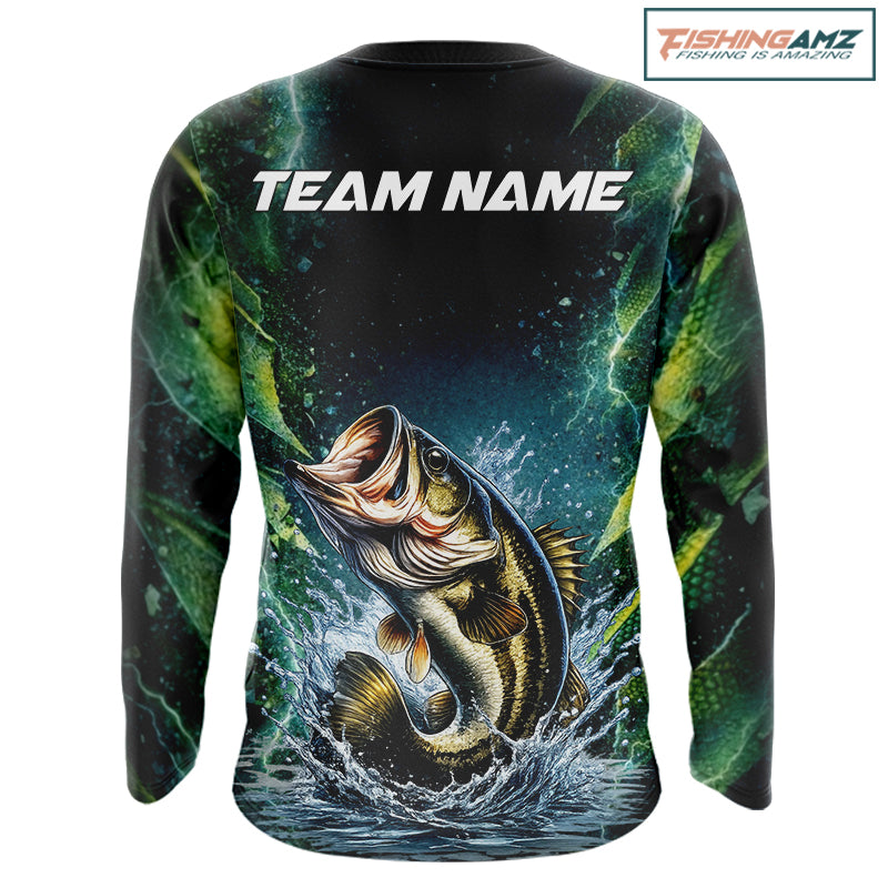 Largemouth Bass Fishing Black Green Camo Custom Name Fishing Shirts Jerseys NHT456