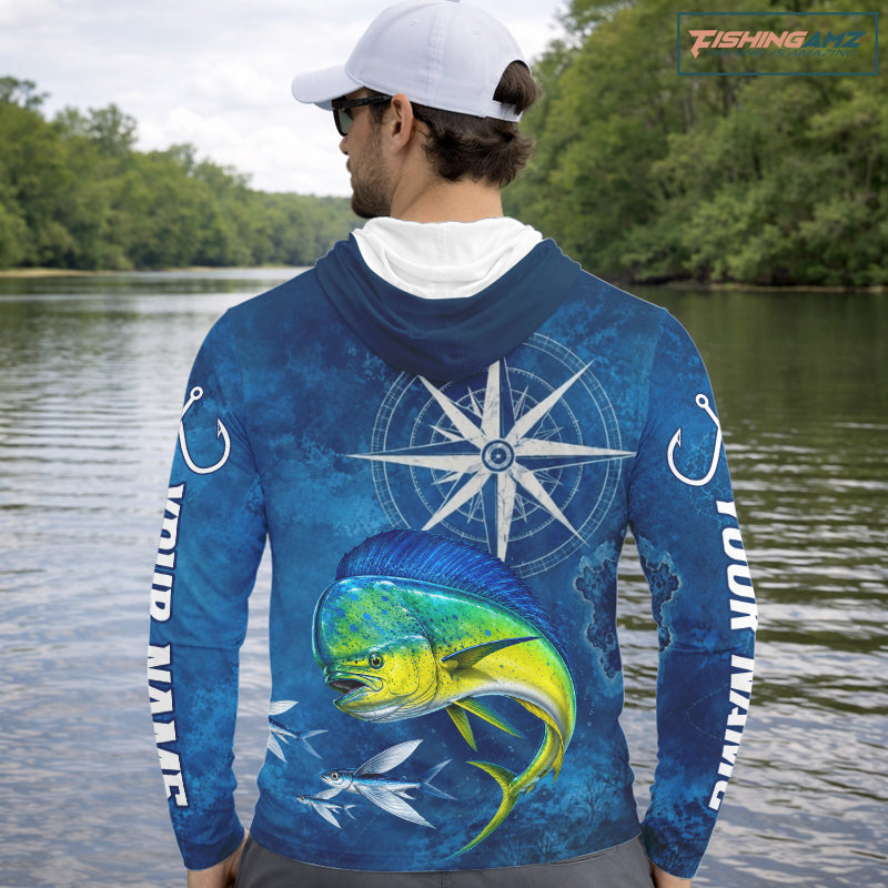 Mahi Mahi Fishing Shirt Long Sleeve Hooded Gift For Men – Deep Sea Angler Ocean Compass Design 
