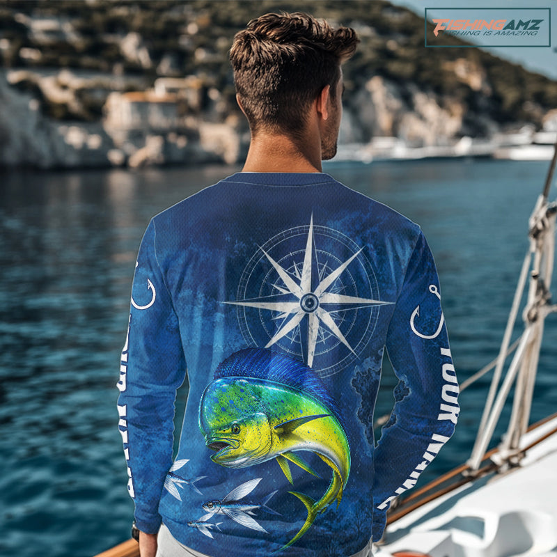 Mahi Mahi Fishing Shirt Long Sleeve Gift For Men – Deep Sea Angler Ocean Compass Design 