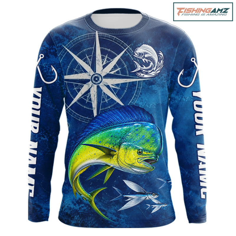 Mahi Mahi Fishing Shirt Long Sleeve Gift For Men – Deep Sea Angler Ocean Compass Design 