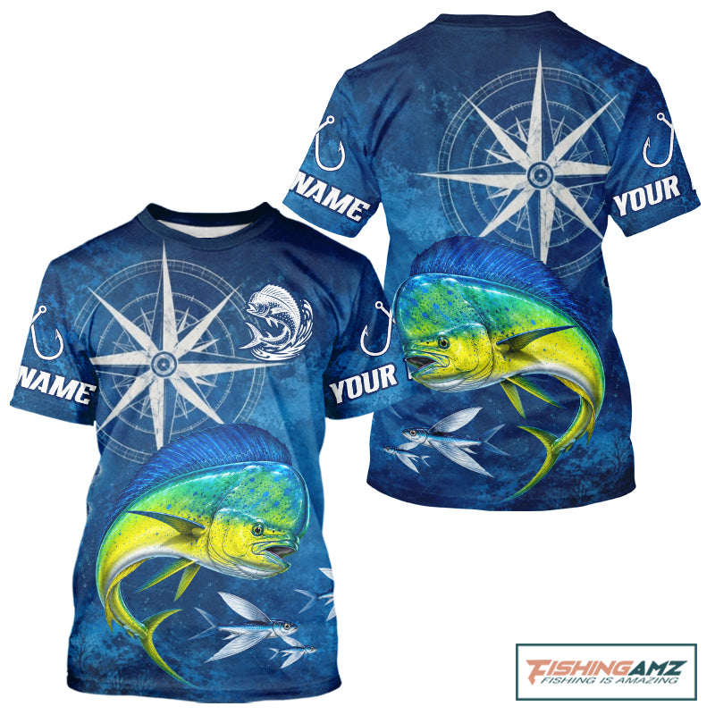 Mahi Mahi Short Sleeve Fishing T-Shirts Gift For Men – Deep Sea Angler Ocean Compass Design 