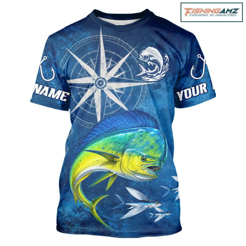 Mahi Mahi Short Sleeve Fishing T-Shirts Gift For Men – Deep Sea Angler Ocean Compass Design 