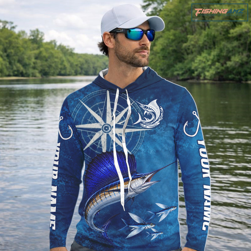 Sailfish Fishing Shirt Long Sleeve Hooded Gift For Men – Deep Sea Angler Ocean Compass Design 