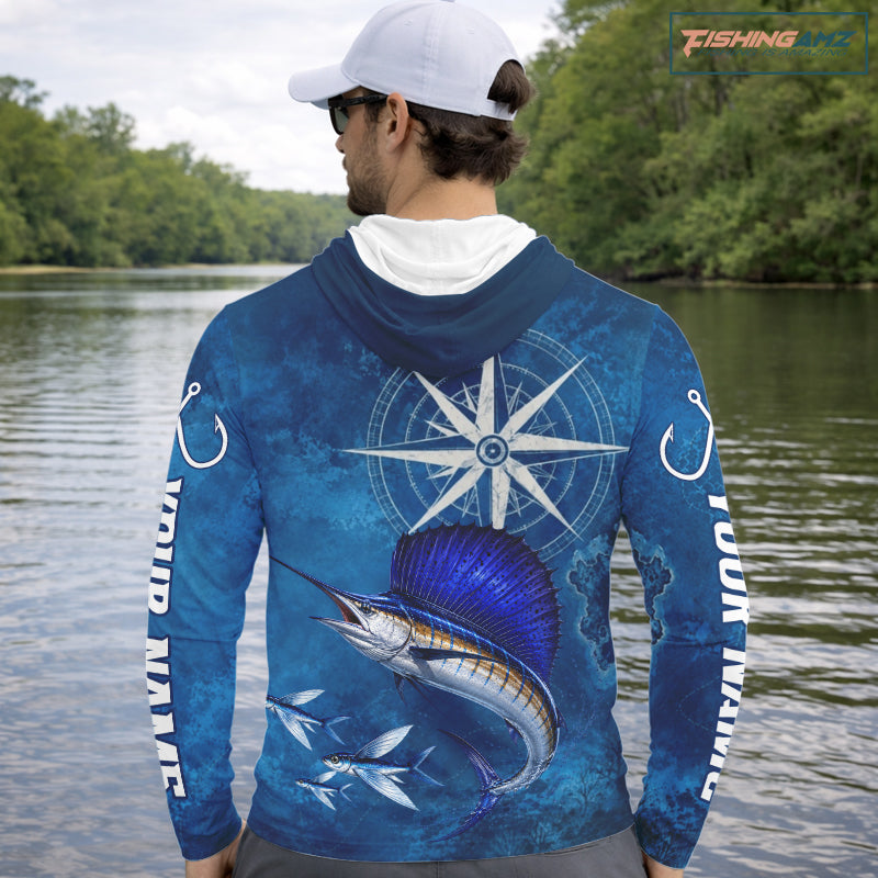 Sailfish Fishing Shirt Long Sleeve Hooded Gift For Men – Deep Sea Angler Ocean Compass Design 