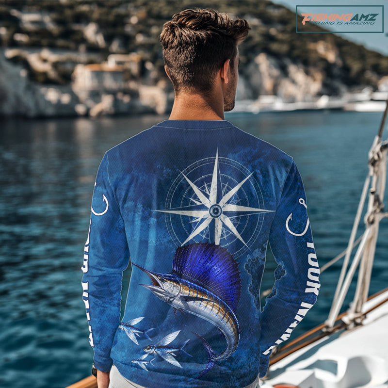 Sailfish Fishing Shirt Long Sleeve Gift For Men – Deep Sea Angler Ocean Compass Design 