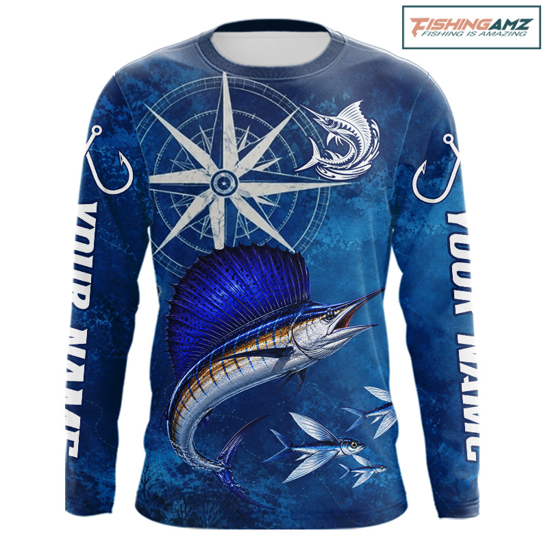 Sailfish Fishing Shirt Long Sleeve Gift For Men – Deep Sea Angler Ocean Compass Design 