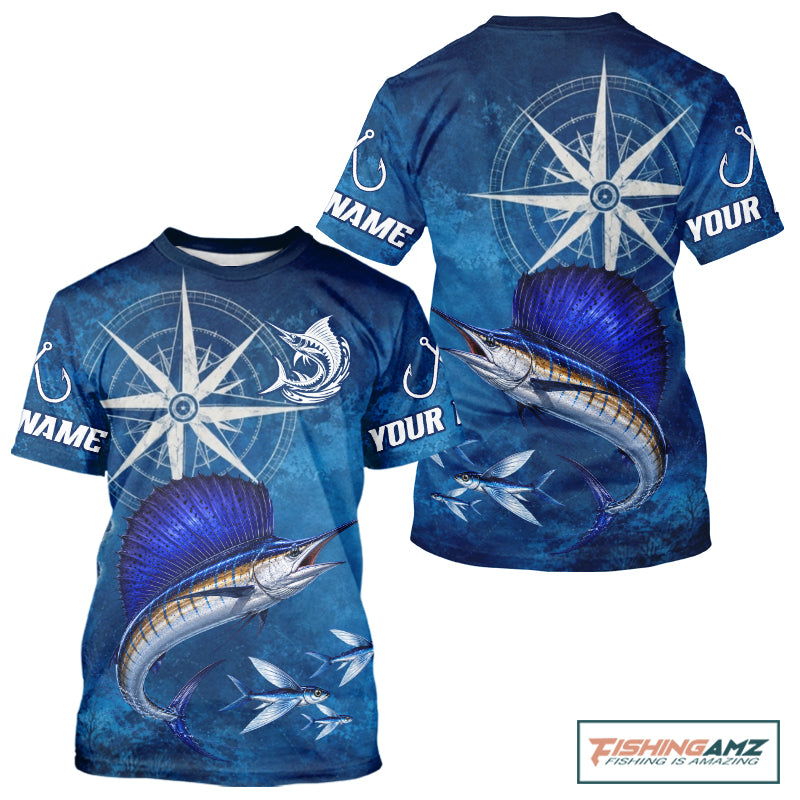 Sailfish Short Sleeve Fishing T-Shirts Gift For Men – Deep Sea Angler Ocean Compass Design 