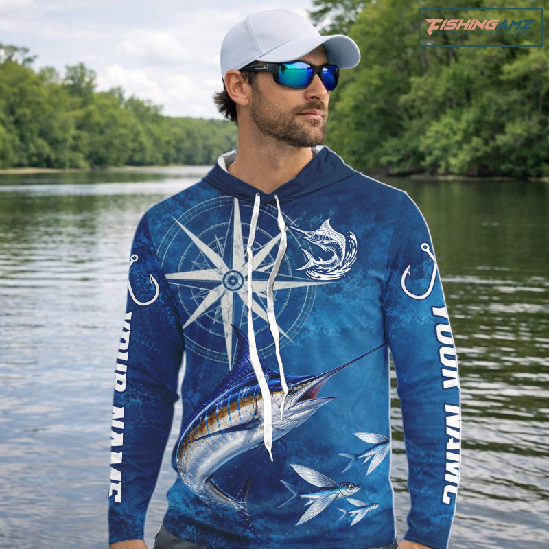 Marlin Fishing Shirt Long Sleeve Hooded Gift For Men – Deep Sea Angler Ocean Compass Design 
