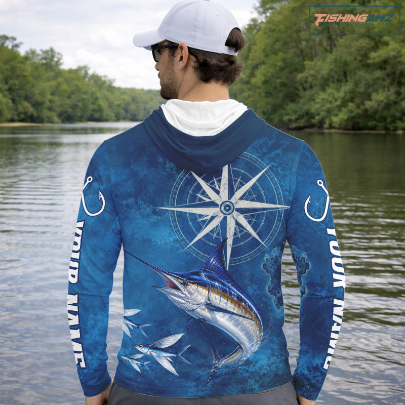 Marlin Fishing Shirt Long Sleeve Hooded Gift For Men – Deep Sea Angler Ocean Compass Design 
