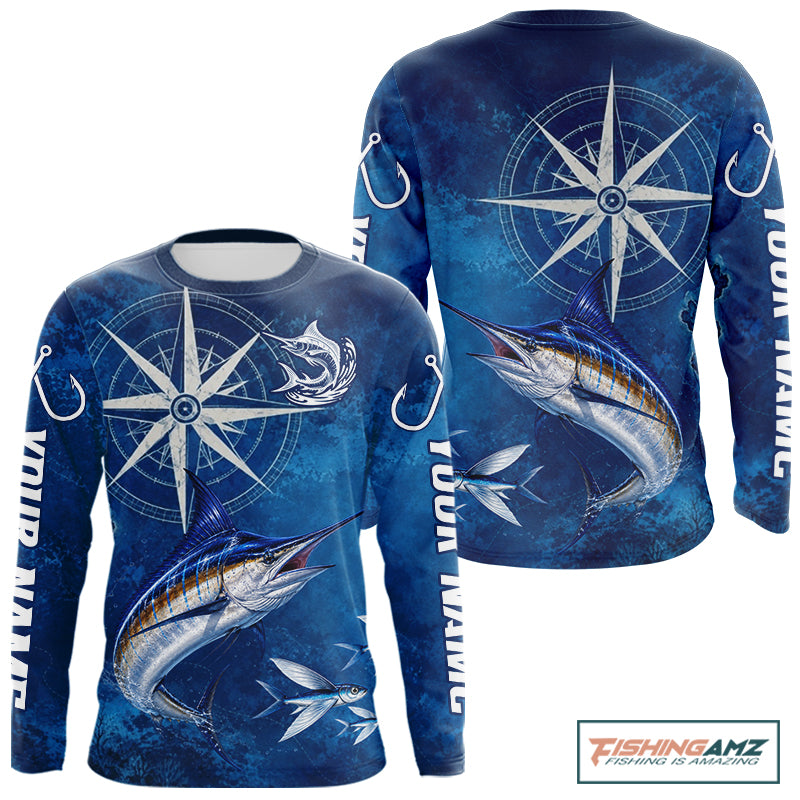 Marlin Fishing Shirt Long Sleeve Gift For Men – Deep Sea Angler Ocean Compass Design 