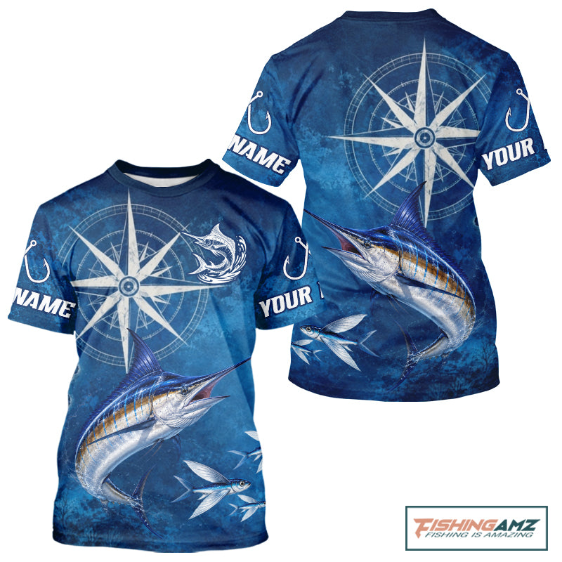 Marlin Short Sleeve Fishing T-Shirts Gift For Men – Deep Sea Angler Ocean Compass Design 