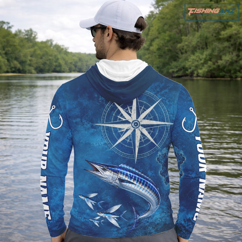 Wahoo Fishing Shirt Long Sleeve Hooded Gift For Men – Deep Sea Angler Ocean Compass Design 