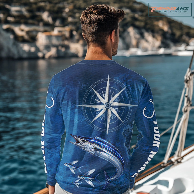 Wahoo Fishing Shirt Long Sleeve Gift For Men – Deep Sea Angler Ocean Compass Design 