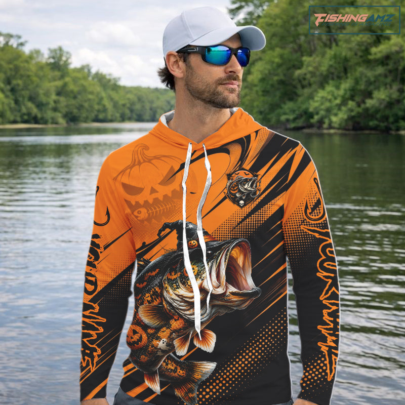 Halloween Bass Fishing Shirt, Largemouth Bass Long Sleeve Hooded Fishing Jersey, Custom Angler Gift NHT1354