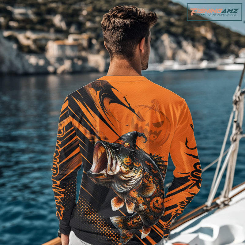 Halloween Bass Fishing Shirt, Largemouth Bass Long Sleeve Fishing Jersey, Custom Angler Gift NHT1354