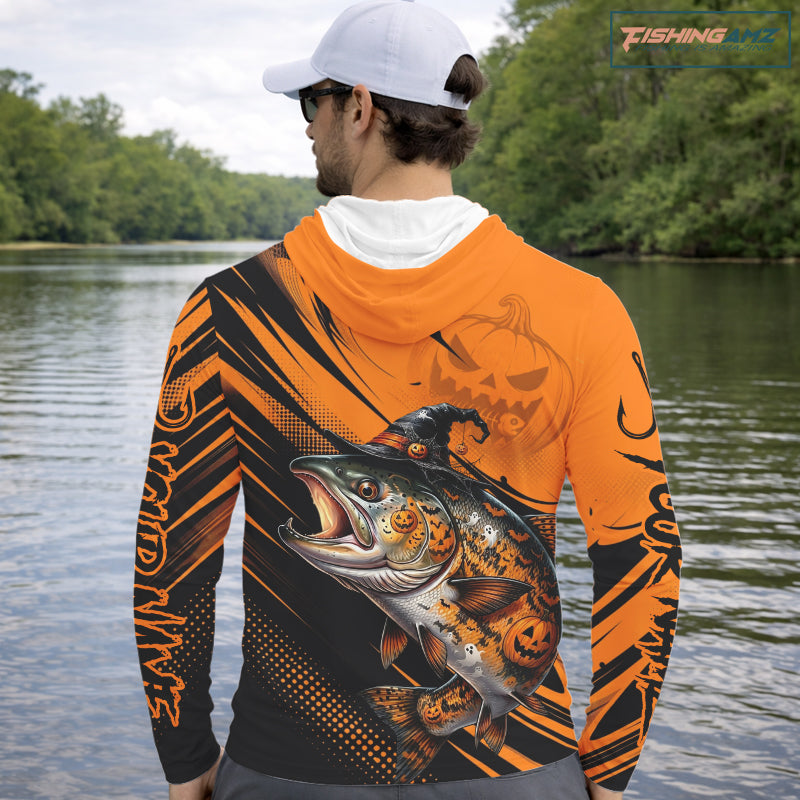 Halloween Salmon Fishing Shirt, Chinook Salmon Long Sleeve Hooded Fishing Jersey, Custom Angler Gift NHT1355
