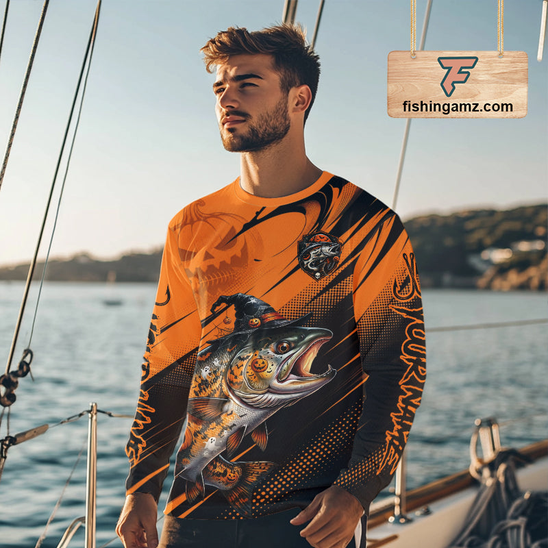 Halloween Salmon Fishing Shirt, Chinook Salmon Long Sleeve Fishing Jersey, Custom Angler Gift NHT1355