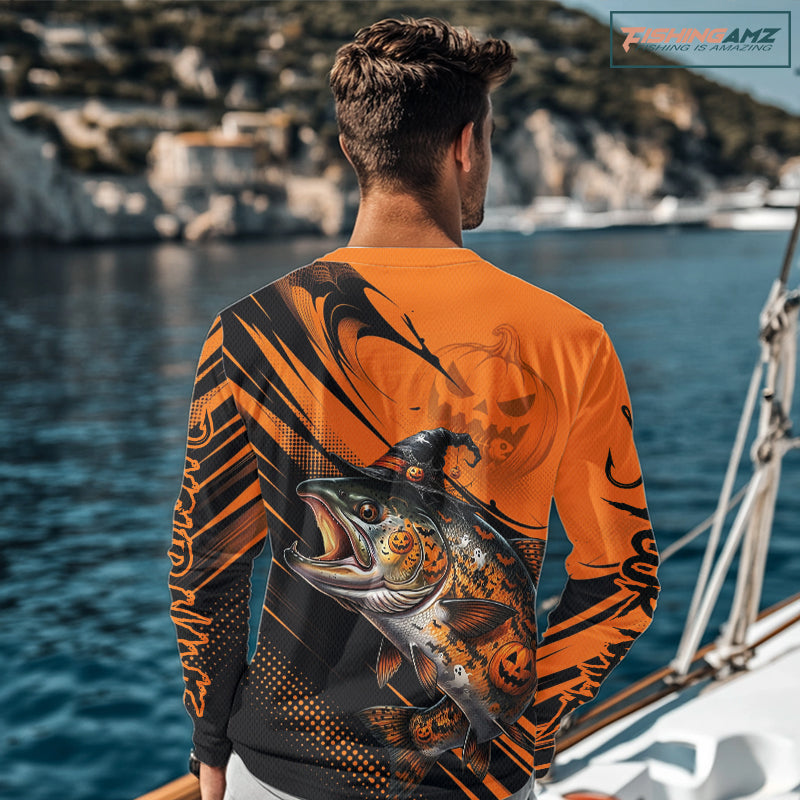 Halloween Salmon Fishing Shirt, Chinook Salmon Long Sleeve Fishing Jersey, Custom Angler Gift NHT1355