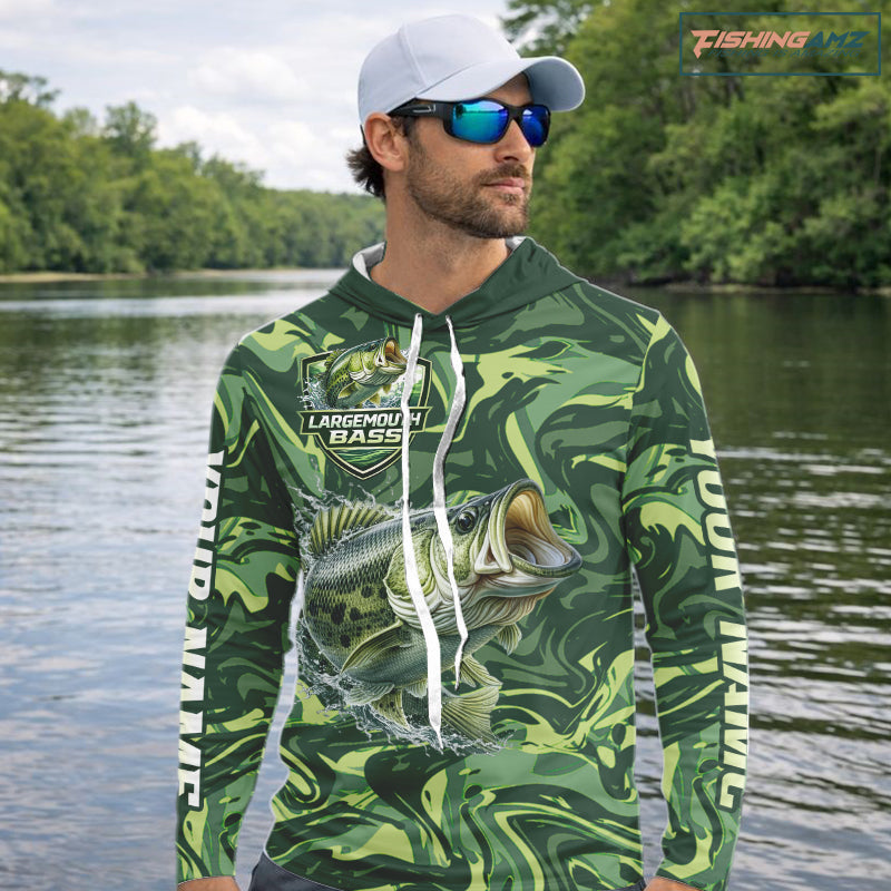 Largemouth Bass Fishing Shirts Long Sleeves Hooded Camo Green With Personalized Name NHT398