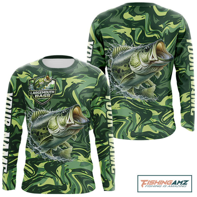 Largemouth Bass Fishing Shirts Long Sleeve Camo Green With Personalized Name NHT398