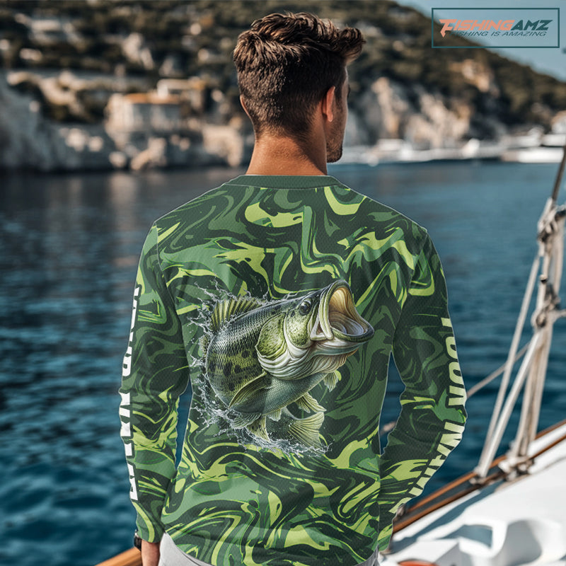 Largemouth Bass Fishing Shirts Long Sleeve Camo Green With Personalized Name NHT398