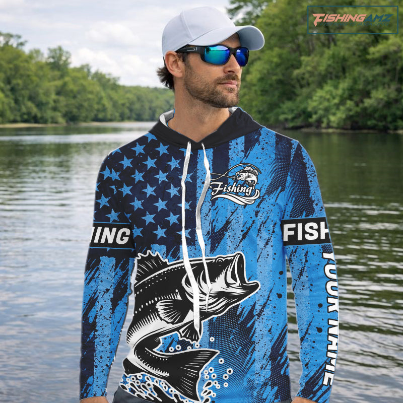 Bass Fishing American Camo Custom Name UV Protection Long Sleeves Shirt, Bass Fishing Jersey NHT530