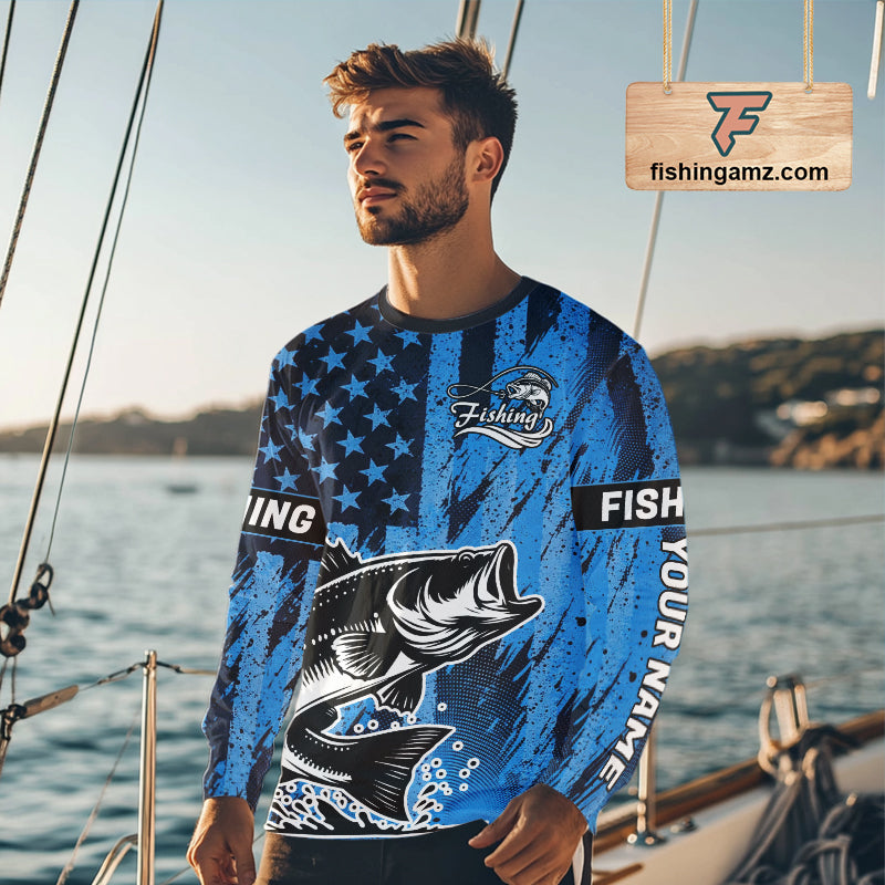 Bass Fishing American Camo Custom Name UV Protection Long Sleeves Shirt, Bass Fishing Jersey NHT530