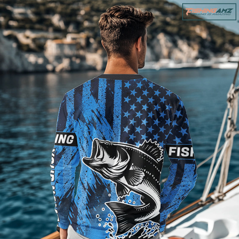 Bass Fishing American Camo Custom Name UV Protection Long Sleeves Shirt, Bass Fishing Jersey NHT530