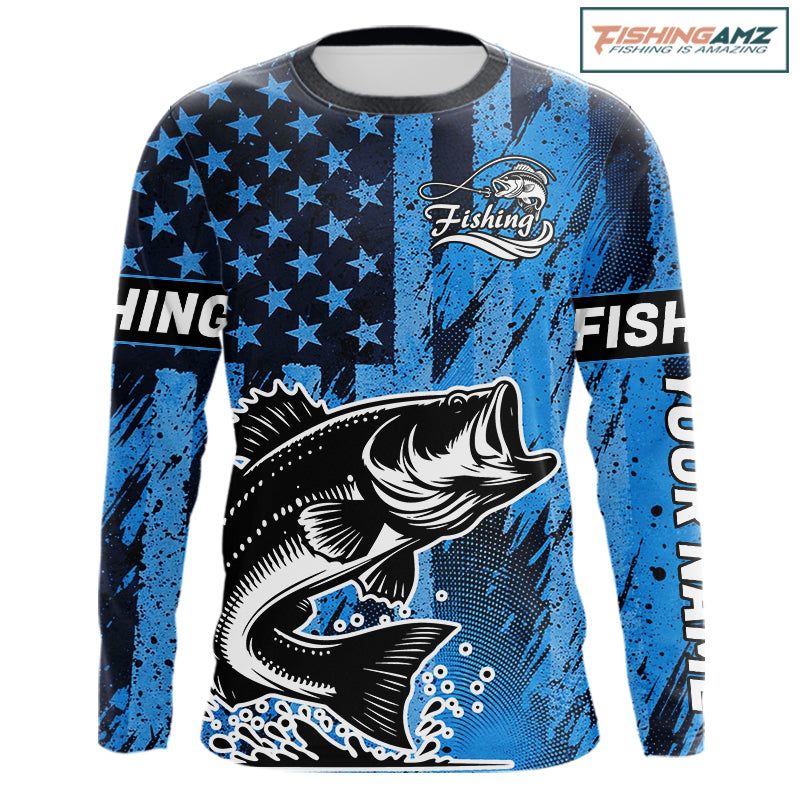 Bass Fishing American Camo Custom Name UV Protection Long Sleeves Shirt, Bass Fishing Jersey NHT530