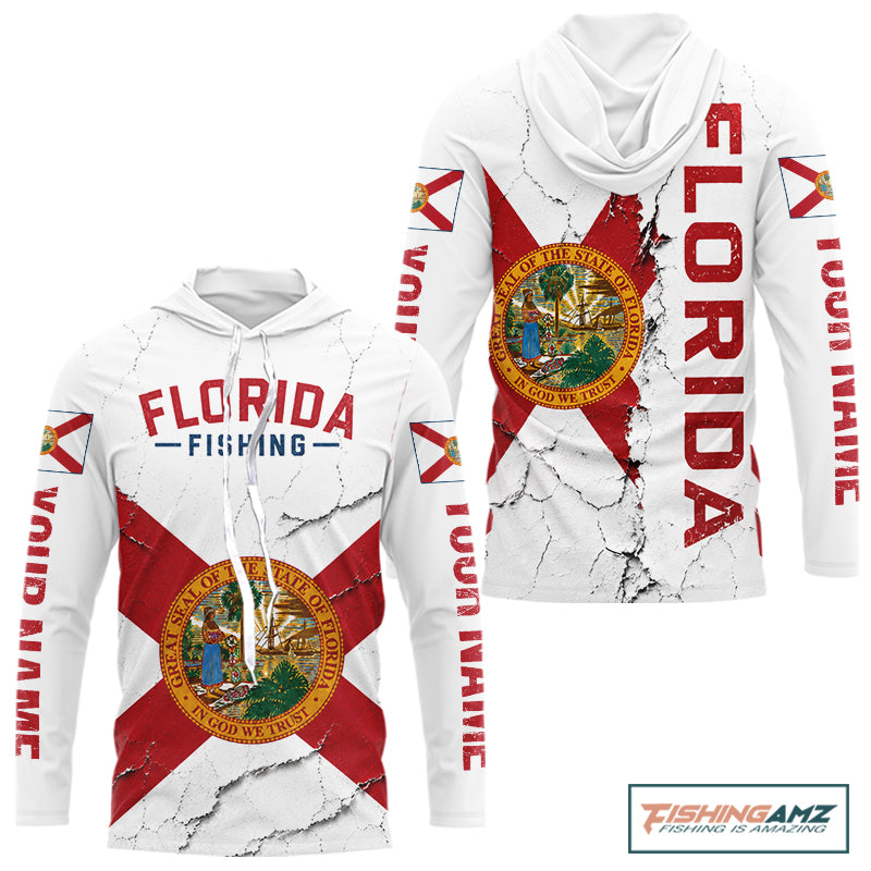 Florida Fishing Shirt Patriotic Florida Flag Long Sleeve Hooded UV Protection Fishing Jersey 