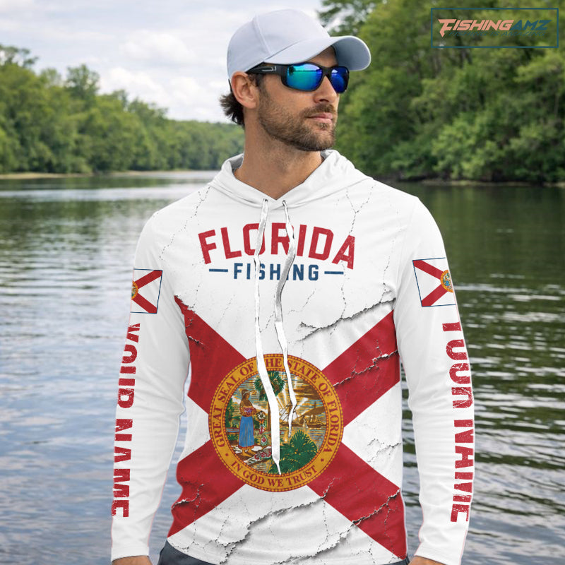 Florida Fishing Shirt Patriotic Florida Flag Long Sleeve Hooded UV Protection Fishing Jersey 
