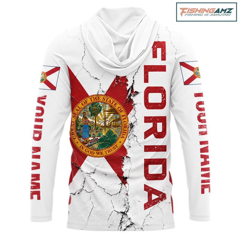 Florida Fishing Shirt Patriotic Florida Flag Long Sleeve Hooded UV Protection Fishing Jersey 