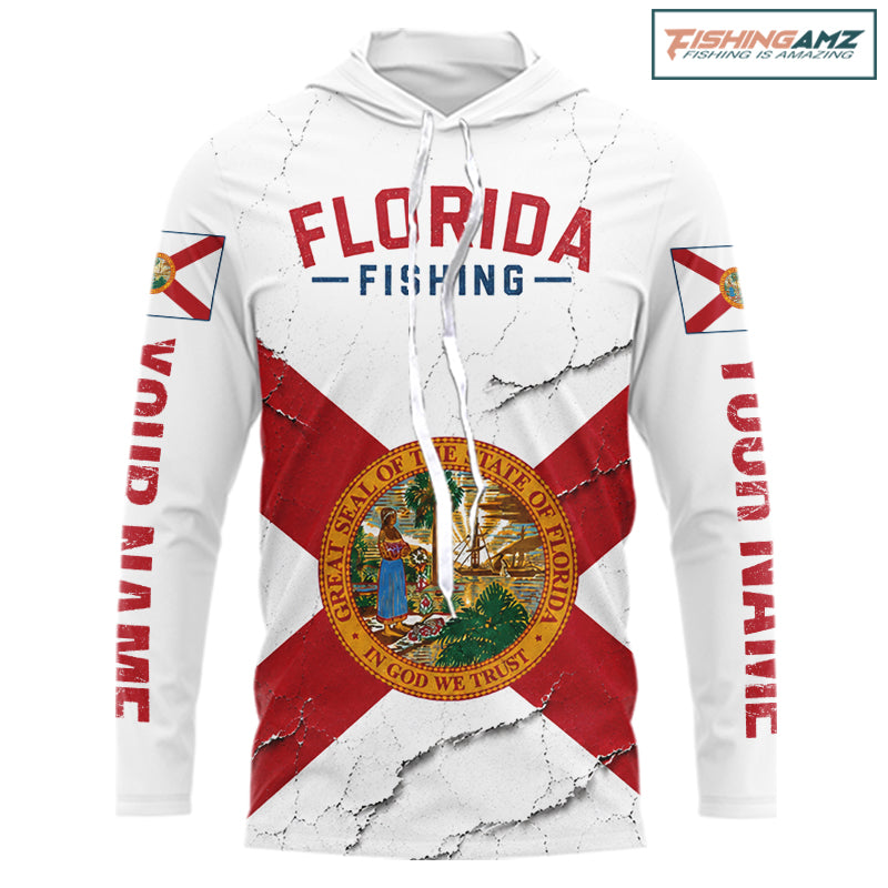 Florida Fishing Shirt Patriotic Florida Flag Long Sleeve Hooded UV Protection Fishing Jersey 