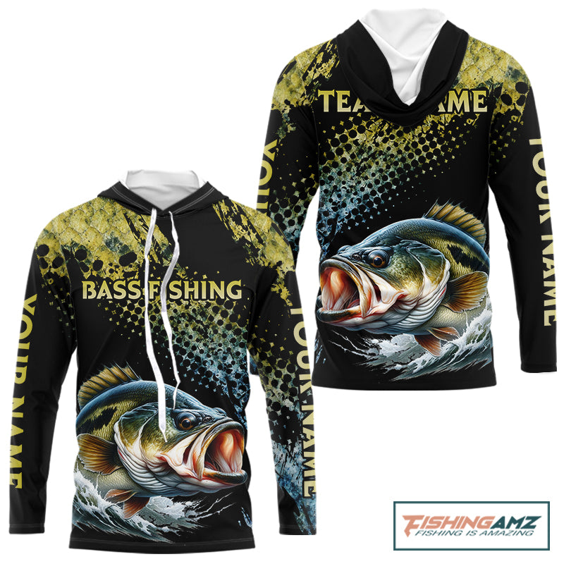 Bass Fishing Shirts Long Sleeve Hooded UPF Sport Style Personalized Name, Team Name NHT401