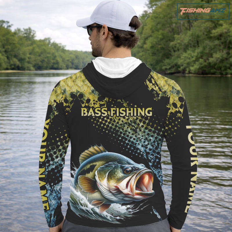 Bass Fishing Shirts Long Sleeve Hooded UPF Sport Style Personalized Name, Team Name NHT401