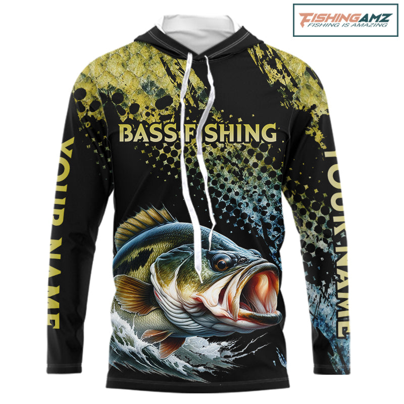 Bass Fishing Shirts Long Sleeve Hooded UPF Sport Style Personalized Name, Team Name NHT401