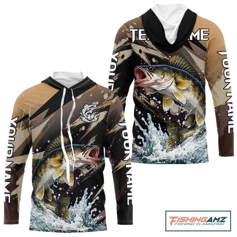 Brown Camo Walleye Fishing Shirts Long Sleeve Hooded, Custom Walleye Performance Fishing Apparel NHT459
