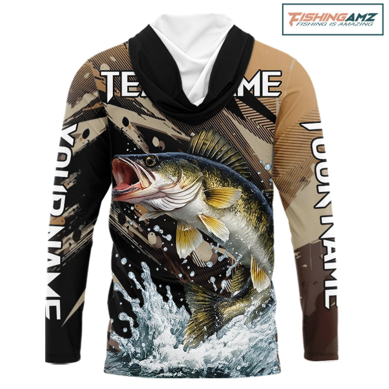 Brown Camo Walleye Fishing Shirts Long Sleeve Hooded, Custom Walleye Performance Fishing Apparel NHT459