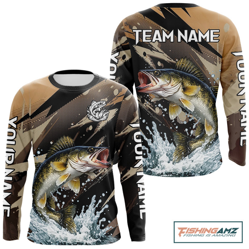 Brown Camo Walleye Fishing Shirts Long Sleeve, Custom Walleye Performance Fishing Apparel NHT459
