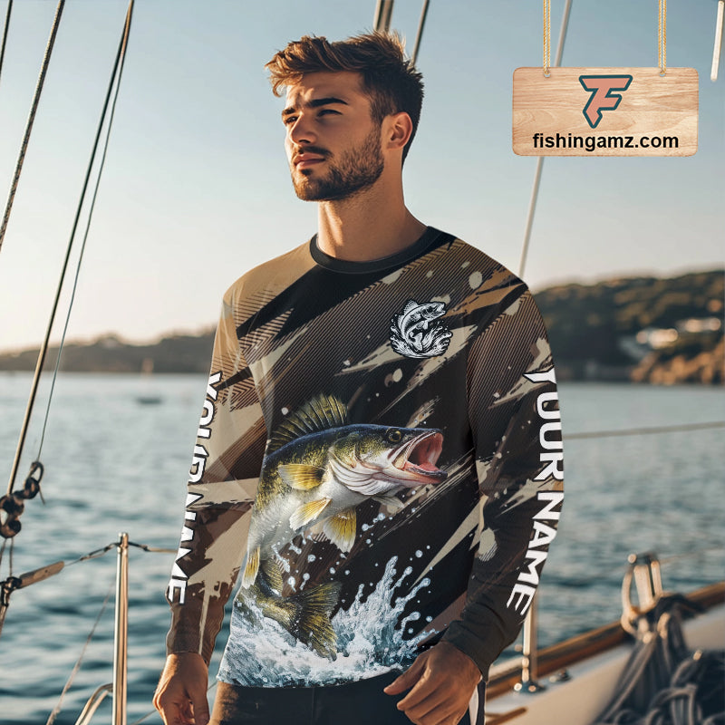 Brown Camo Walleye Fishing Shirts Long Sleeve, Custom Walleye Performance Fishing Apparel NHT459