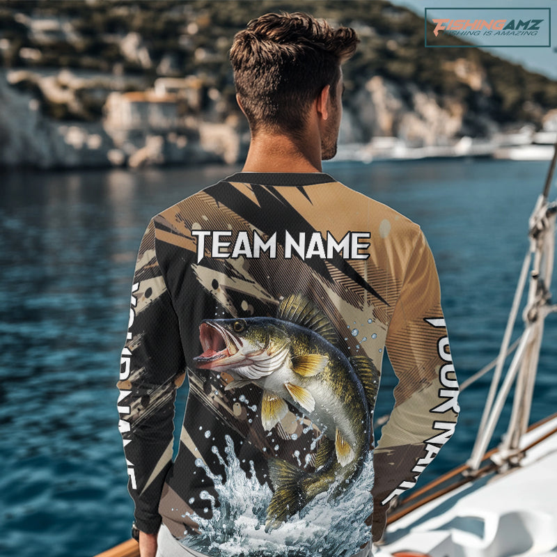Brown Camo Walleye Fishing Shirts Long Sleeve, Custom Walleye Performance Fishing Apparel NHT459
