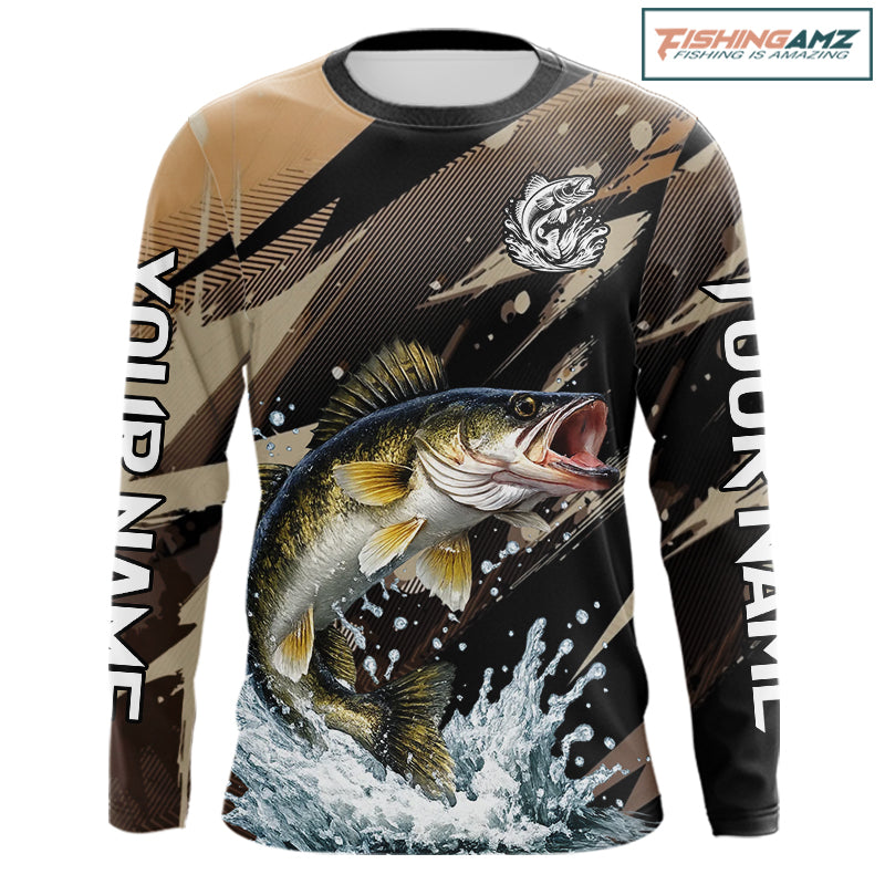 Brown Camo Walleye Fishing Shirts Long Sleeve, Custom Walleye Performance Fishing Apparel NHT459
