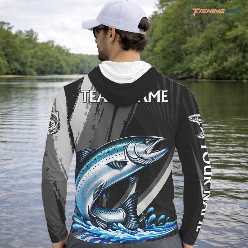 Personalized Black Camo Chinook Salmon Fishing Jerseys, Salmon Hooded Long Sleeve Fishing Shirts  NHT463