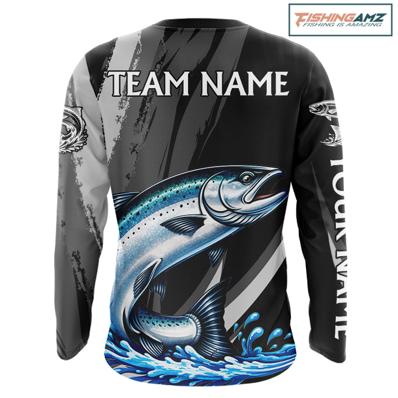 Personalized Black Camo Chinook Salmon Fishing Jerseys, Salmon Long Sleeve Fishing Shirts  NHT463