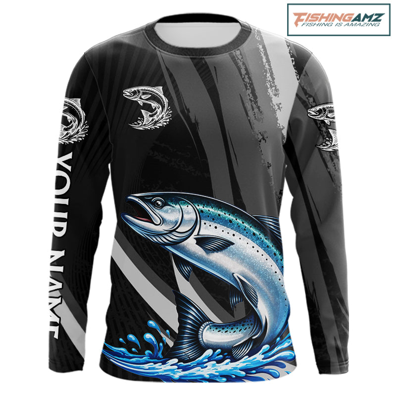 Personalized Black Camo Chinook Salmon Fishing Jerseys, Salmon Long Sleeve Fishing Shirts  NHT463