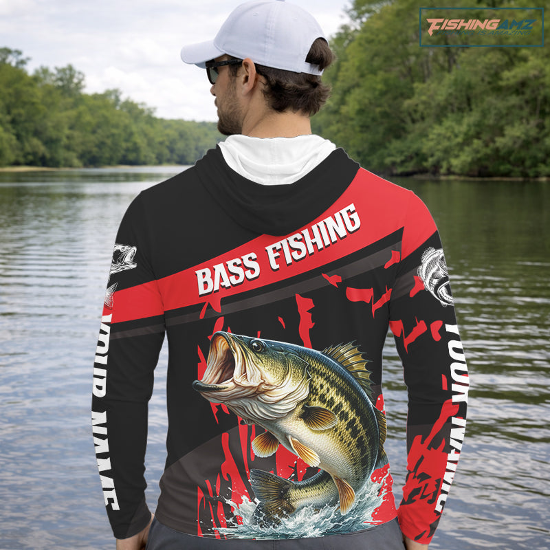 Custom Largemouth Bass Fishing Jerseys, Largemouth  Bass Hooded Fishing Shirts Long Sleeve For Men|Red NHT725